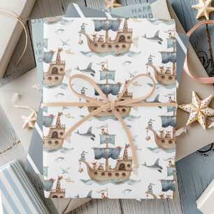 Hoja De Papel De Regalo Barco pirata con Fiesta de niños animales