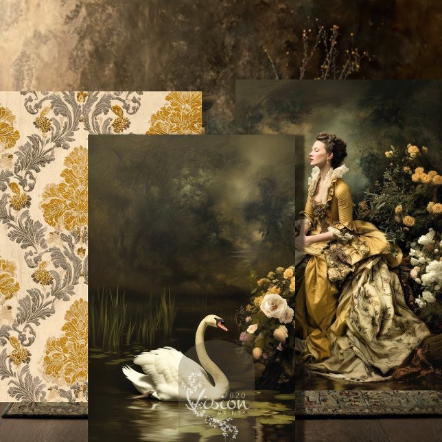Hoja De Papel De Regalo Baroque Gold Damask Lady Swan Portrait Set (Three baroque art prints flat lay display gold damask lady swan dark moody tones)
