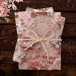 Hoja De Papel De Regalo Barroco Suave Rubor Floral Mariposa Collage Barra