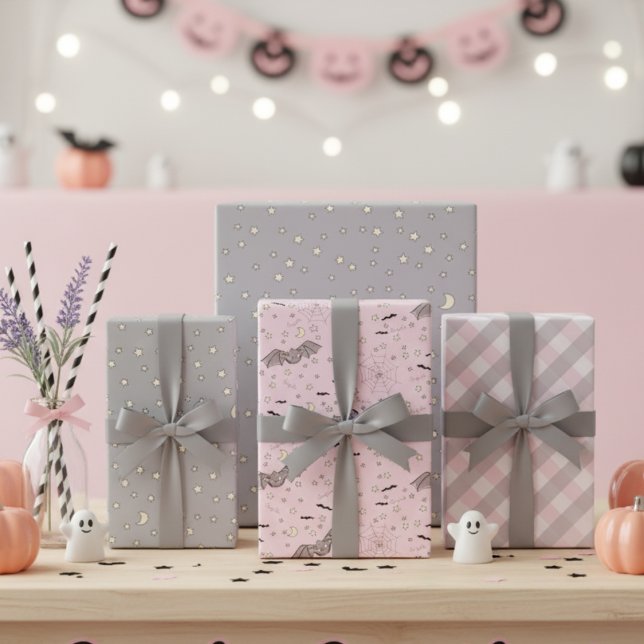 Hoja De Papel De Regalo Bat de Halloween rosa y gris, Luna y Gingham (Spooky Halloween Girl Baby Shower Wrapping Paper. Cute Pink & Gray Bats, Stars & Gingham Pattern )