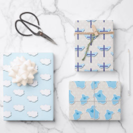 Hoja De Papel De Regalo Bautismo Azul Bebé Nube Cruz