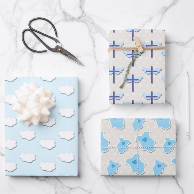 Hoja De Papel De Regalo Bautismo Azul Bebé Nube Cruz (Anverso)