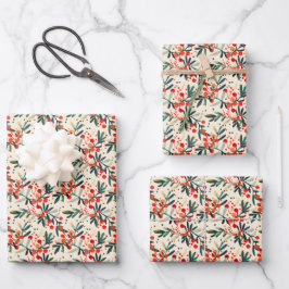 Hoja De Papel De Regalo Bayas de Acebo Navideñas Rojas Modernas