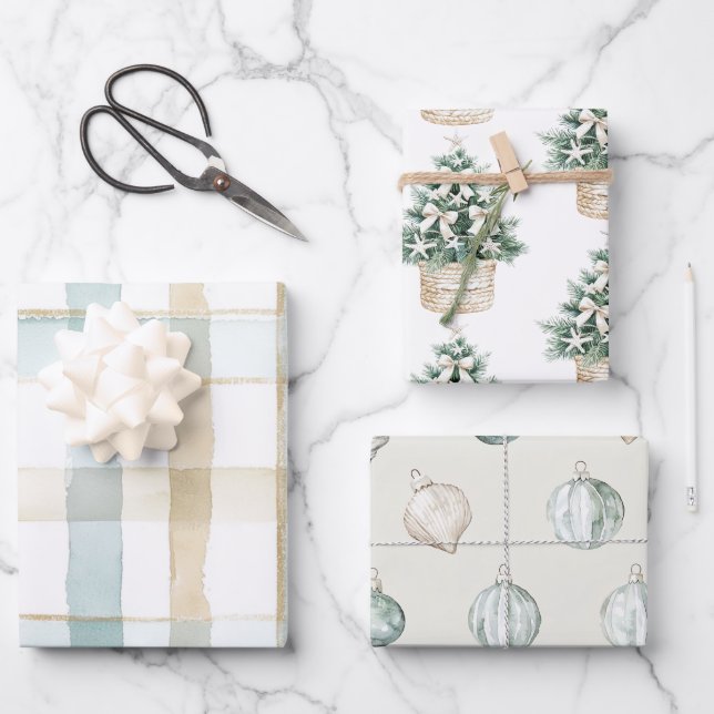 Hoja De Papel De Regalo Beach Blue White Christmas Tree Ornaments (Anverso)