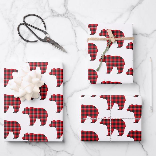Hoja De Papel De Regalo Bear Shaped Plaid Red Black Buffalo (Anverso)