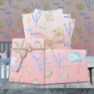 Hoja De Papel De Regalo Bebé Blue Whale Octopus Seahori Under Sea Pink