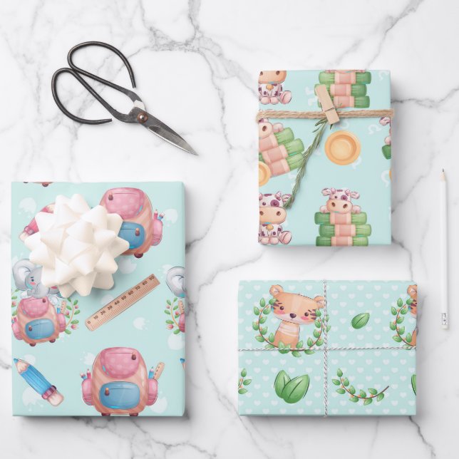 Hoja De Papel De Regalo Bebé de animales azul para niño (Anverso)