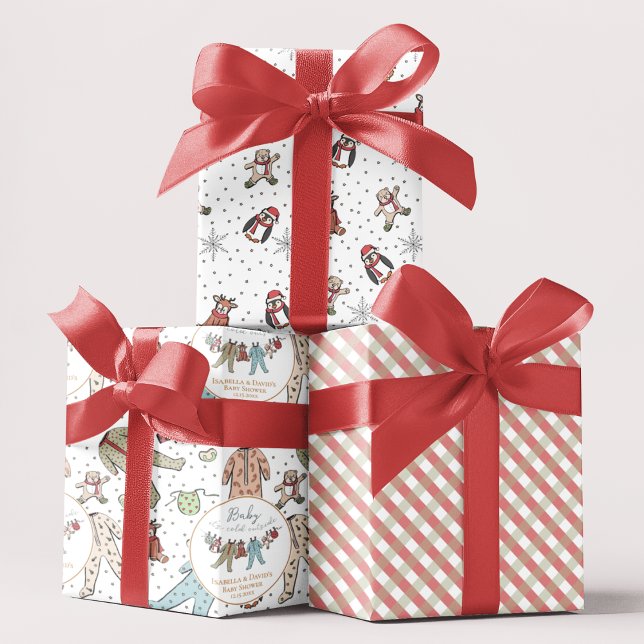 Hoja De Papel De Regalo Bebé, frío fuera del Baby Shower invernal (Christmas Winter Baby Shower Gift Wrap. Baby Xmas Pajamas, Cute Animals, Snowflakes, Gingham Pattern)