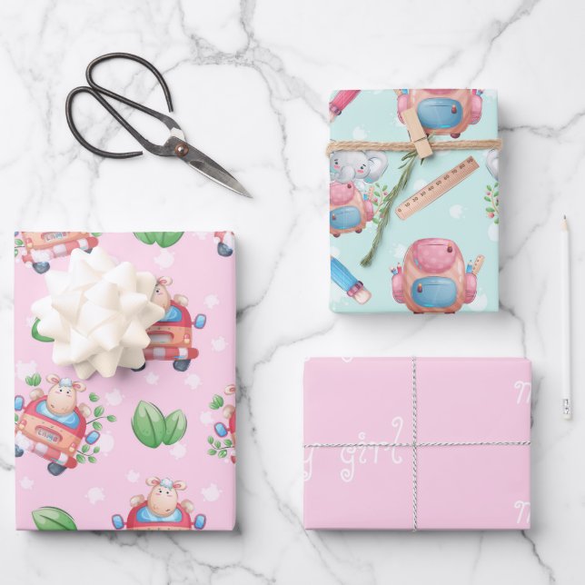 Hoja De Papel De Regalo Bebés animales rosados para Chica (Anverso)