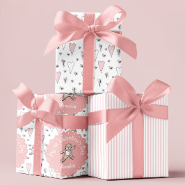 Hoja De Papel De Regalo Bebés rosa y blanco primer Día de San Valentín Ted