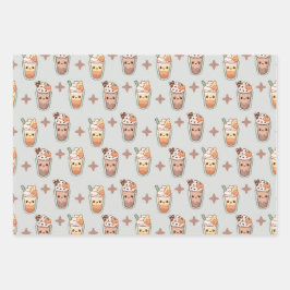 Hoja De Papel De Regalo Bebidas de Otoño Brillantes Patrón Kawaii Pastel