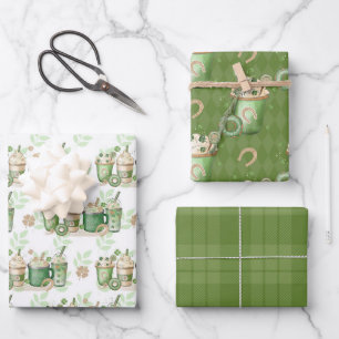 HOJA DE PAPEL DE REGALO BEBIDAS Y DONUTS IRLANDESES VERDES Y DE TÁN