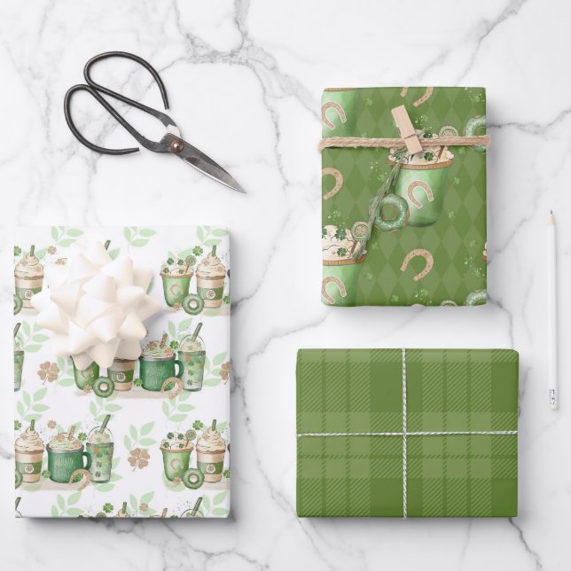 HOJA DE PAPEL DE REGALO BEBIDAS Y DONUTS IRLANDESES VERDES Y DE TÁN (Anverso)