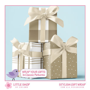 Hoja De Papel De Regalo Beige Clásico y Cuadro de Búfalo Blanco