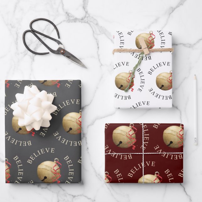 Hoja De Papel De Regalo BELIEVE Jingle Bell Gris Blanco Rojo Coordinado (Anverso)