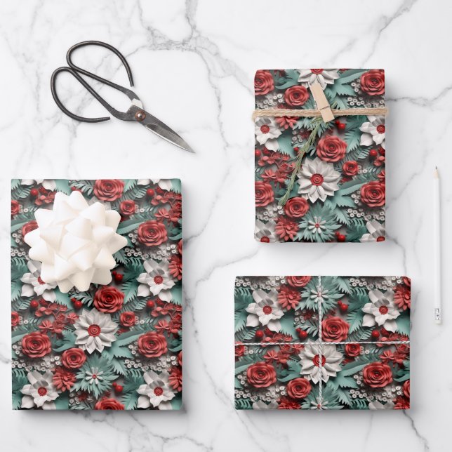 Hoja De Papel De Regalo Bella poinsettia 3D blanca y verde (Anverso)