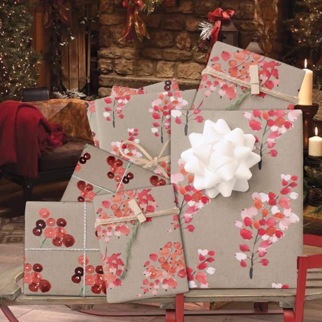 Hoja De Papel De Regalo Berries de invierno rojas de Kraft ruso (Rustic Kraft 
Red Winter Berries Christmas Holiday Gift Wrapping Paper Sheets Trio)