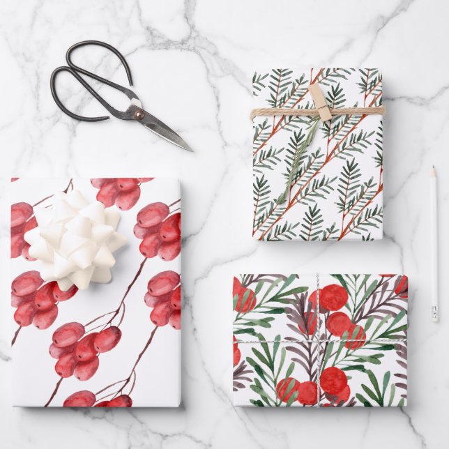 Hoja De Papel De Regalo Berry acuarela y vegetación dejan vacaciones (Anverso)