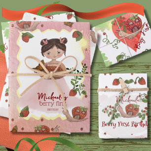 Hoja De Papel De Regalo Berry First Birday Personalizado Strawberry