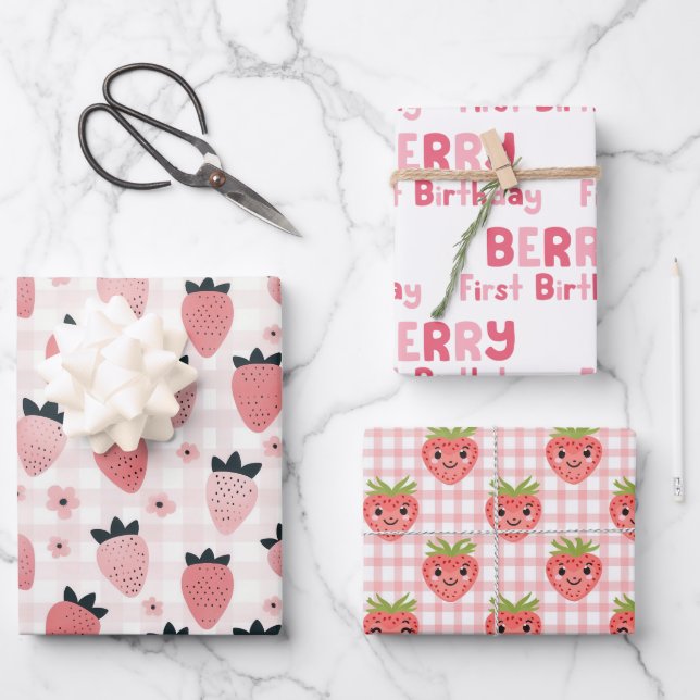 Hoja De Papel De Regalo Berry First Birday Strawberry (Anverso)