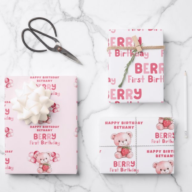 Hoja De Papel De Regalo Berry First Happy Birday Name Strawberry (Anverso)