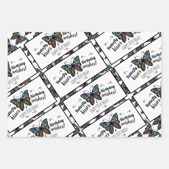 Hoja De Papel De Regalo Besos de mariposa feliz cumpleaños (Anverso)