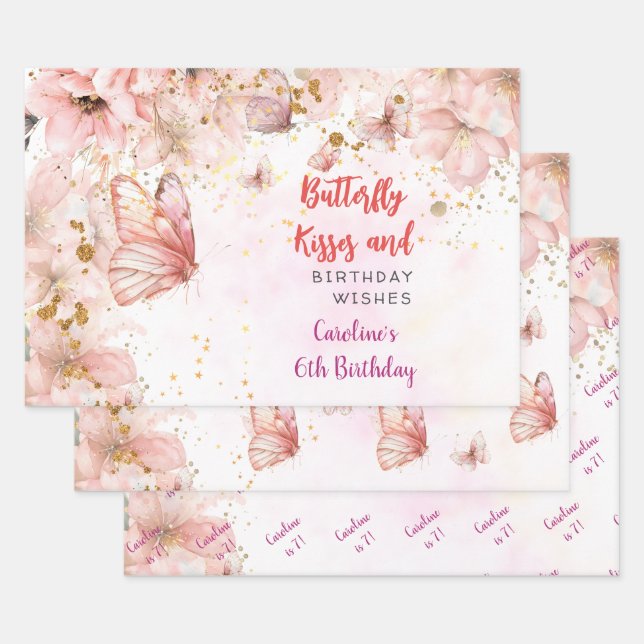 Hoja De Papel De Regalo Besos de mariposas y deseos de cumpleaños (Set)