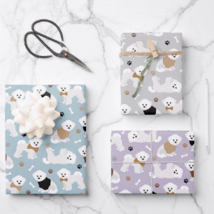 Hoja De Papel De Regalo Bichon Frise Bones y Paws Gris Azul Púrpura