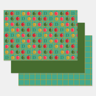 Hoja De Papel De Regalo Bingo Ornamental Monogramado Navidades Rojos Verde