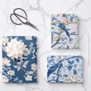 Hoja De Papel De Regalo Bird Floral Chinoiserie Blue White