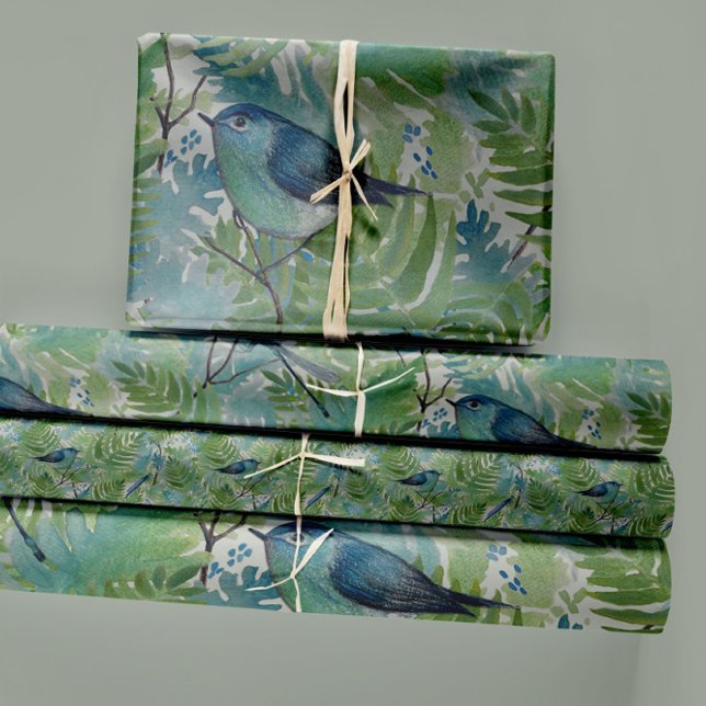 Hoja De Papel De Regalo Birds Dragonflies Blue Ferns Decoupage (Elegant Birds Blue Fern Plants Floral Wrapping Paper Sheets from Studio Posies.)
