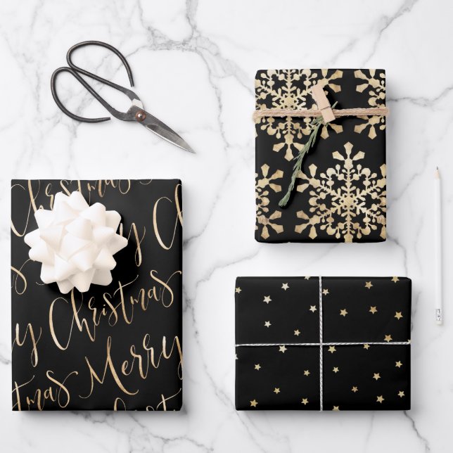 Hoja De Papel De Regalo Black And Gold Merry Christmas Snflakes Set (Anverso)