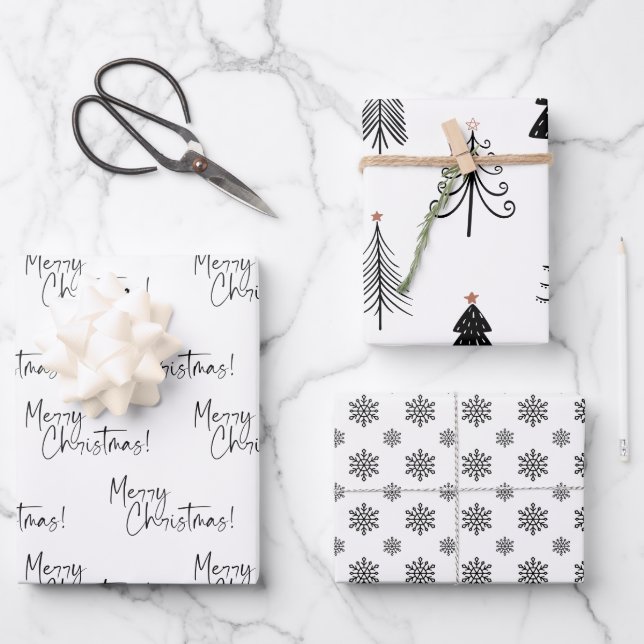 Hoja De Papel De Regalo Black and White Snowflake Tree Merry Christmas (Anverso)