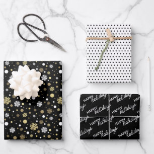 Hoja De Papel De Regalo Black Faux Gold Snowflakes Polkadots