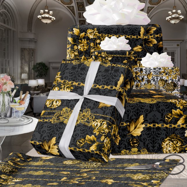 Hoja De Papel De Regalo Black & Gold Acanthus Leaf Gold Chains Luxury Posh (Black & Gold Acanthus Leaf Gold Chains Luxury Posh Wrapping Paper Sheets )