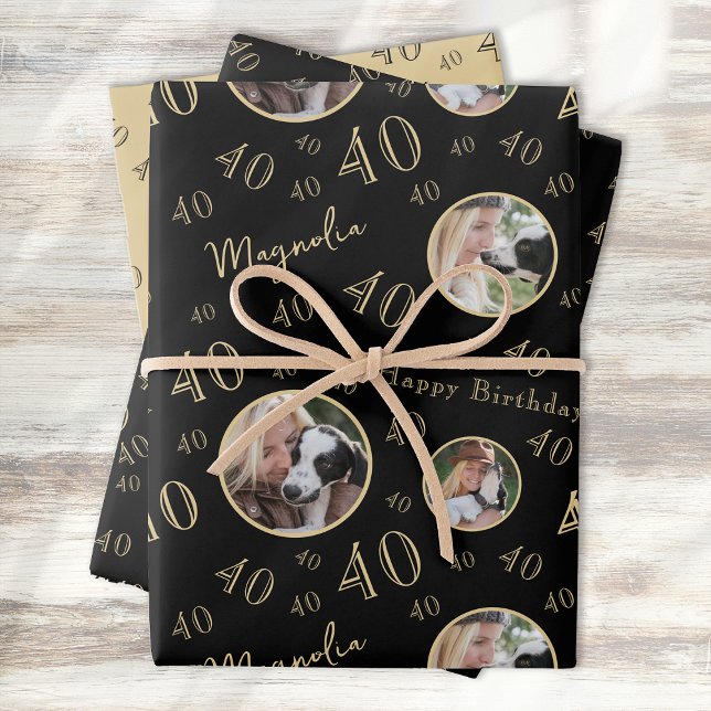 Hoja De Papel De Regalo Black Gold Age Photo 40th Birthday (Subido por el creador)