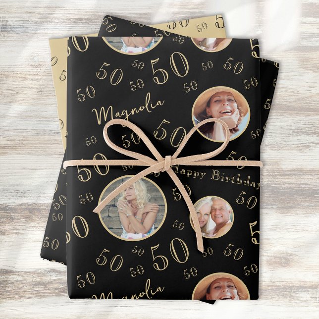 Hoja De Papel De Regalo Black Gold Age Photo 50th Birthday (Subido por el creador)