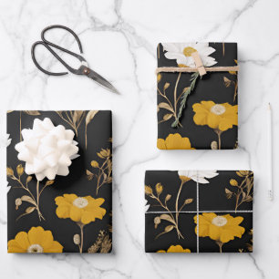 Hoja De Papel De Regalo Black Gold Boho Wildflower Garden