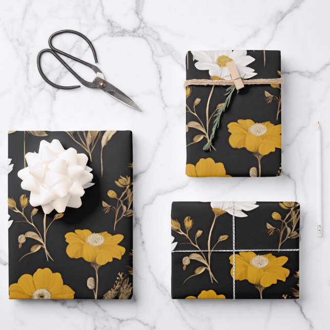 Hoja De Papel De Regalo Black Gold Boho Wildflower Garden (Anverso)