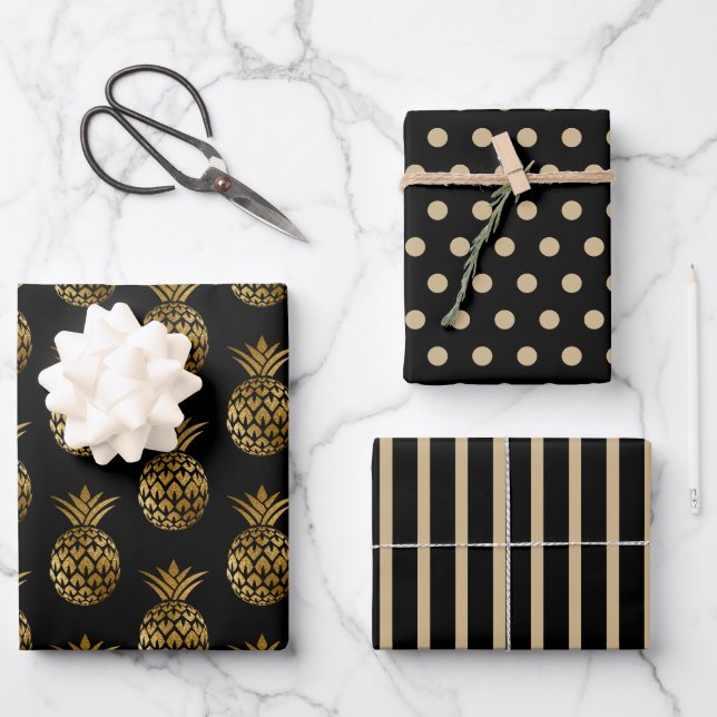 Hoja De Papel De Regalo Black Gold Pineapples Polka Dots Stripes Solid (Anverso)