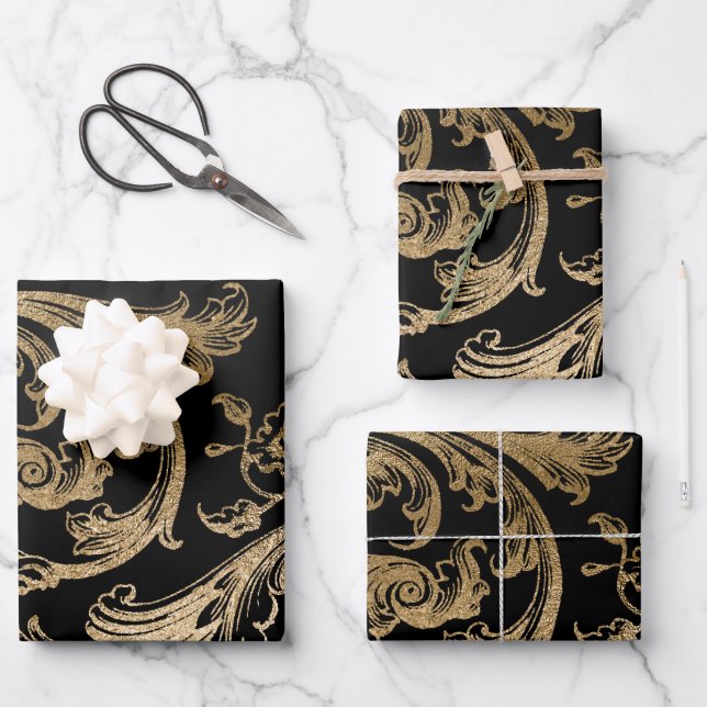Hoja De Papel De Regalo Black Gold Rococo Baroque Swirl (Anverso)
