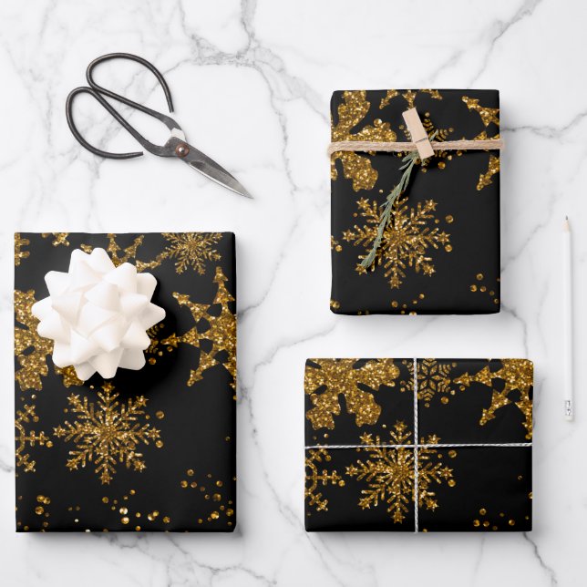 Hoja De Papel De Regalo Black & Gold Snowflakes Stars Feliz Navidad (Anverso)
