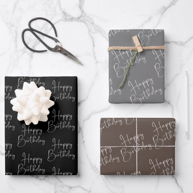Hoja De Papel De Regalo Black Gray Brown Happy Birday (Anverso)