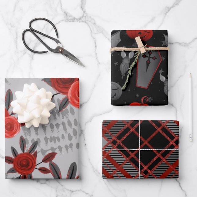 HOJA DE PAPEL DE REGALO BLACK GRAY RED HALLOWEEN GIRLS FLOWERS COFFINS (Anverso)