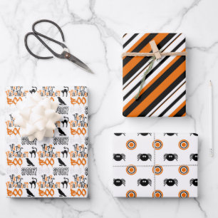 Hoja De Papel De Regalo Black Naranja Cute Boo Spider Stripes Halloween