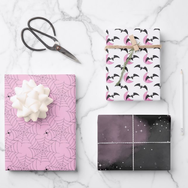 Hoja De Papel De Regalo Black Pink Fancy Spider Bat Sky Halloween (Anverso)