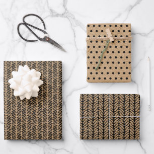 Hoja De Papel De Regalo Black Polkadots Chevron Stripes Faux Brown Kraft