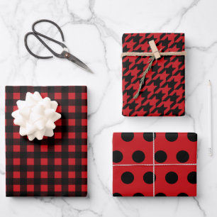 Hoja De Papel De Regalo Black Red Buffalo Plaid Polka Dot Houndstoth