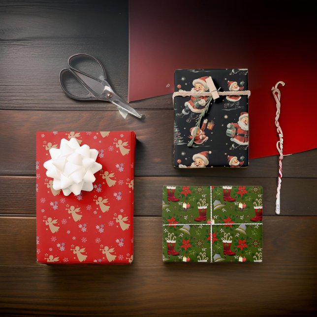 Hoja De Papel De Regalo Black Red Green Santa Angels Poinsettia (Subido por el creador)