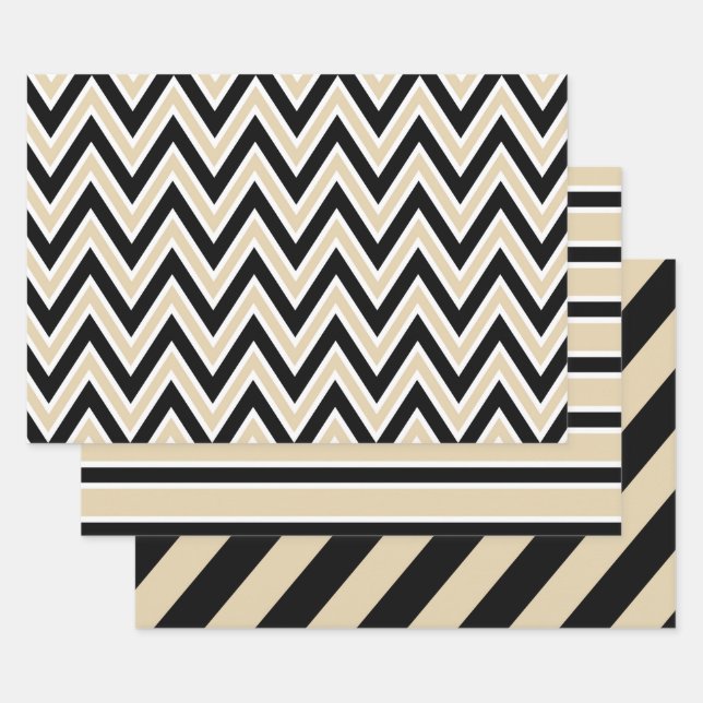 Hoja De Papel De Regalo Black, Tan, and White Chevron & Bold Stripe (Set)